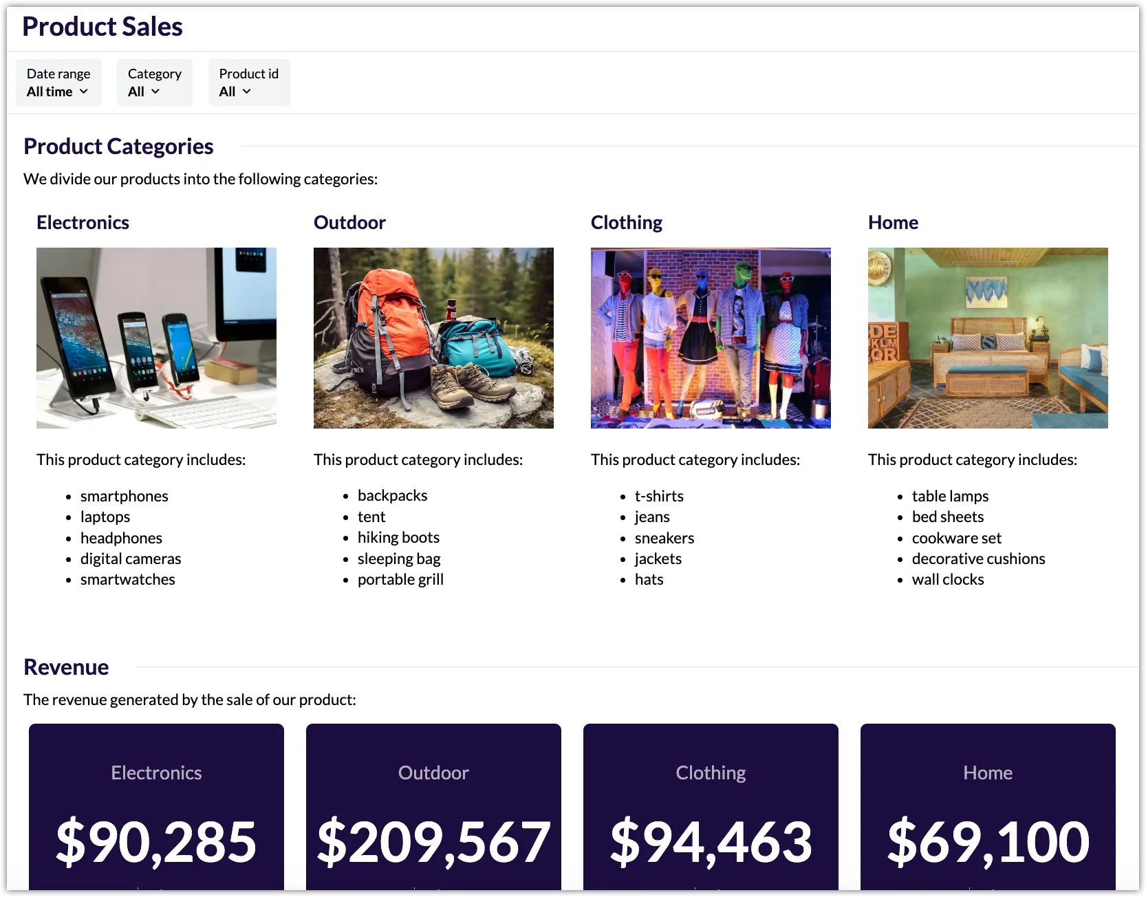 A dashboard showing data of various products divided by category. Rich text widgets are used to help users understand what each category represents and provide examples of the products included. For example, the Electronics category is explained as covering sales data for items like smartphones, laptops, and headphones.
