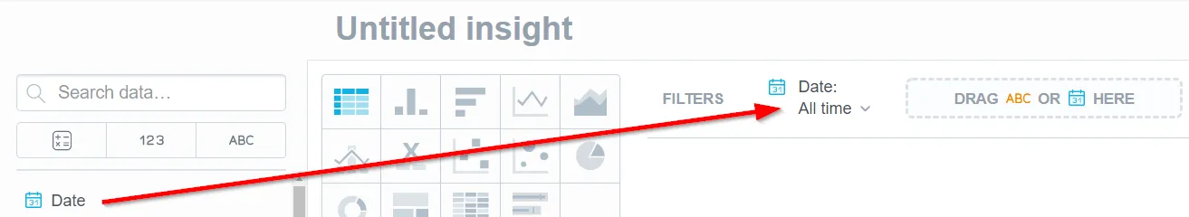 Date item dragged from the data catalog to the filter bar and displayed as an active filter labeled Date All time.