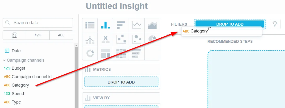 Attribute named Category being dragged from the Data Catalog on the left to the filter bar at the top of Analytical Designer.