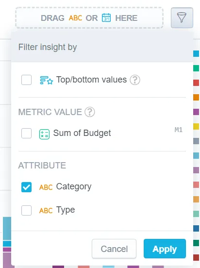 Clicking the Filter button in the filter bar opens a dropdown showing the filtering options. The Apply button is located in the bottom-right corner of the dropdown.