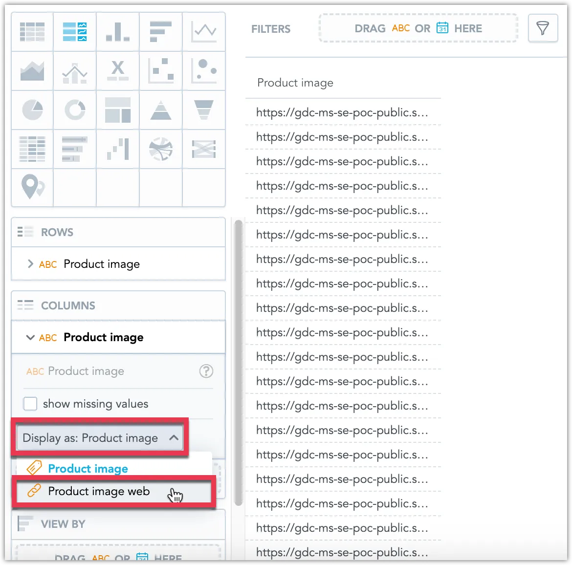 Analytics Designer showing the Columns bucket with the Product image field selected, and the Display as setting opened to choose Product image web as the display type.