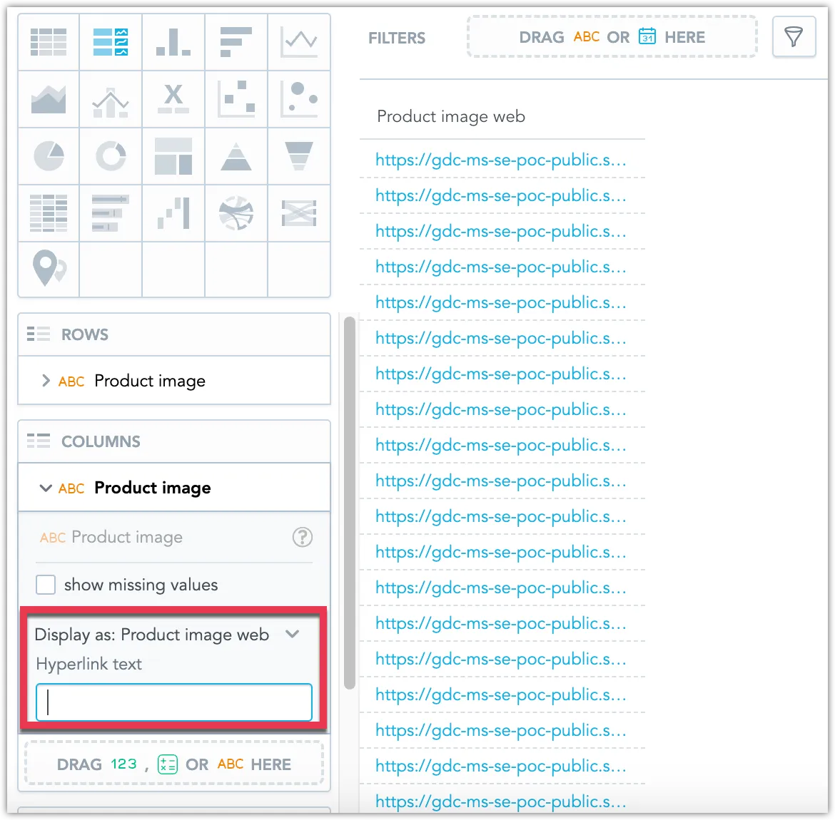 Repeater table showing column values rendered as clickable hyperlink text instead of raw URLs, with each hyperlink labeled Link to image.