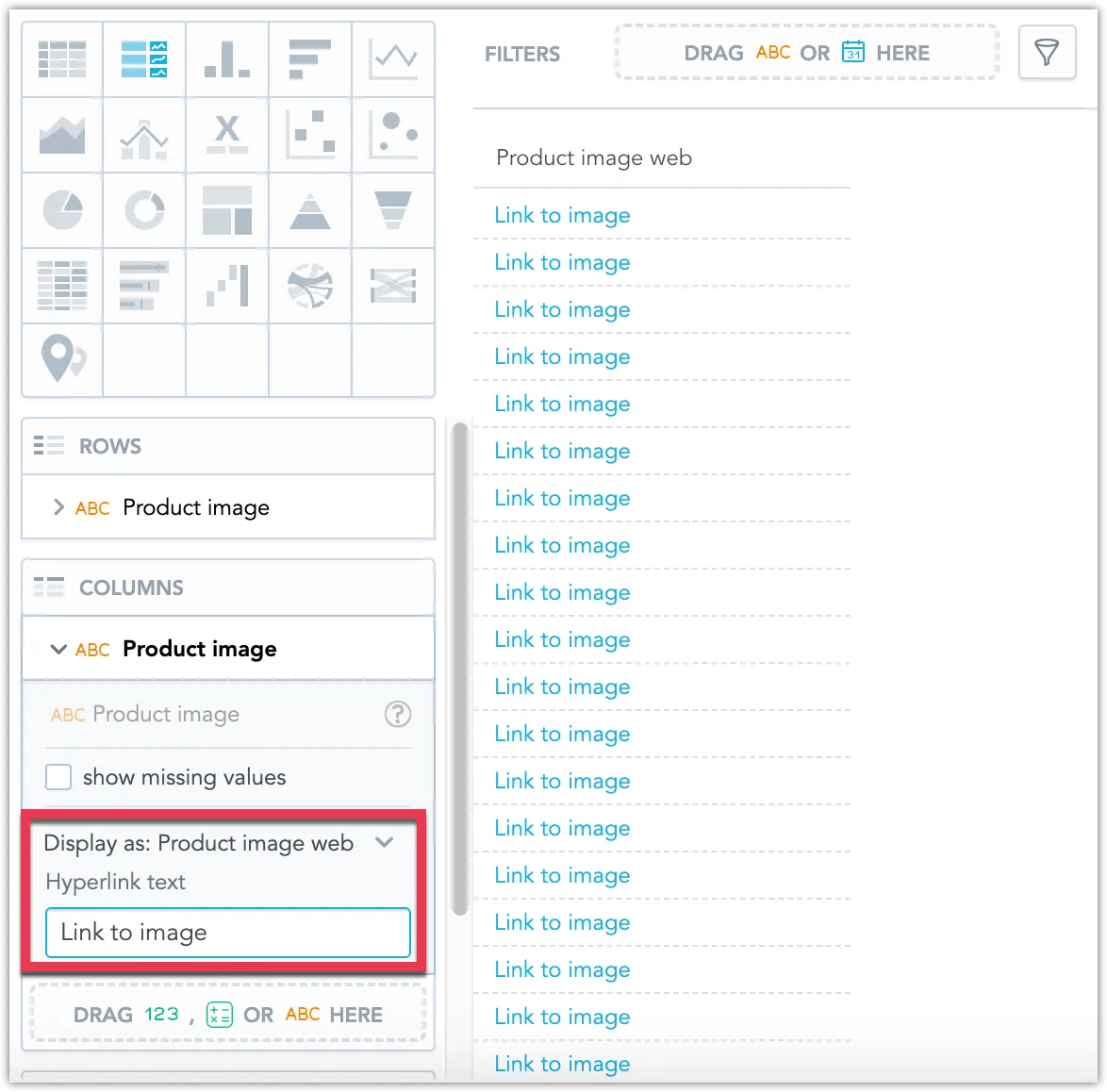Display as setting expanded for the Product image field, with a text input field labeled Hyperlink text showing the value Link to image.
