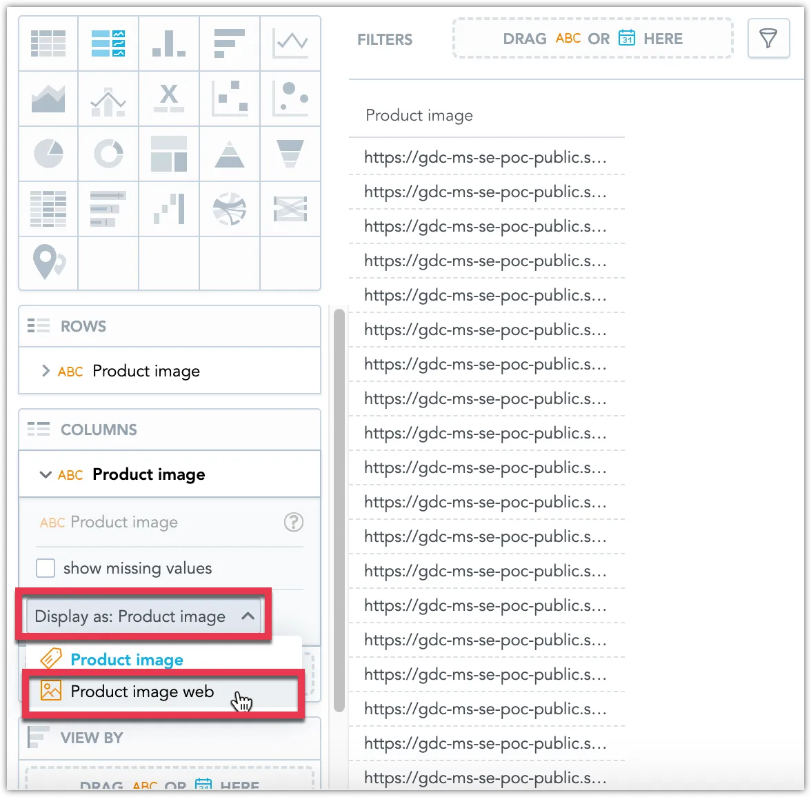 Analytics Designer displaying the Product image attribute in the Columns bucket with the Display as setting expanded and Product image web selected as the display type.