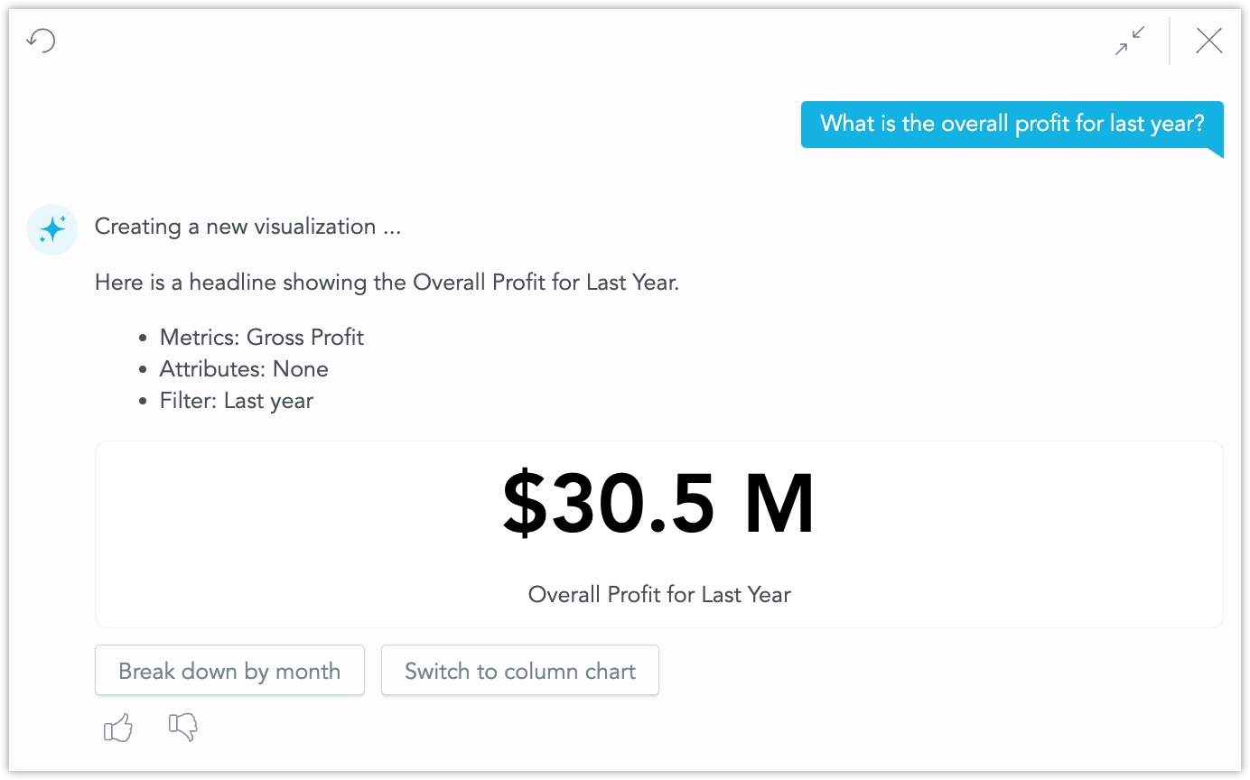 The assistant showing query 'What is the overall profit for last year?' and a response in form of a generated Headline showing the value of profits for previous year.