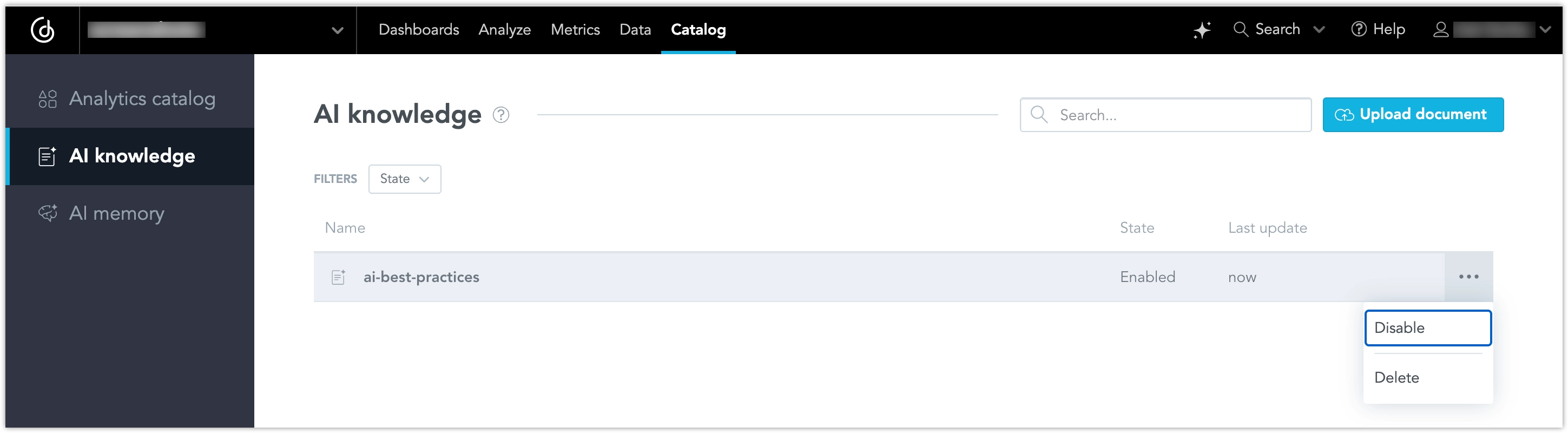 The Analytics catalog with AI knowledge selected. The page shows a search field, a State filter, an Upload document button, and the ... (ellipsis) menu for a knowledge file with Disable and Delete actions.