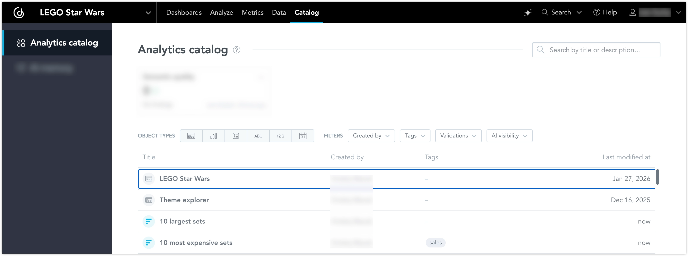 Personalized homepage showing the Analytics Catalog with a searchable table of analytics objects.