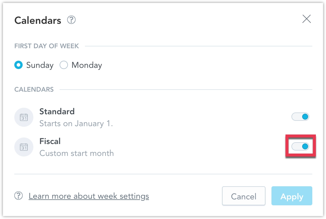 Calendars dialog.