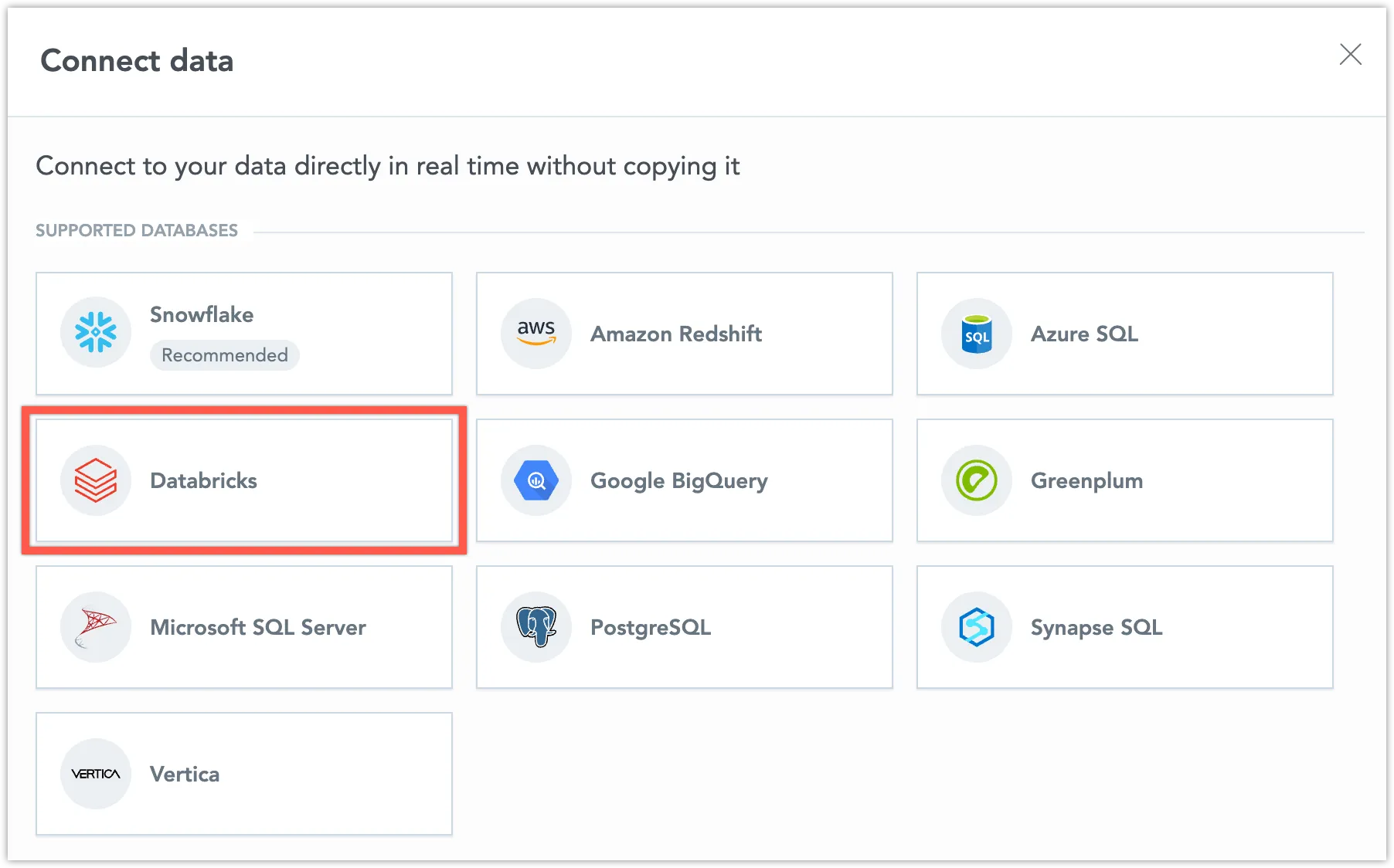 Dialog showing available data source types with the Databricks option highlighted.