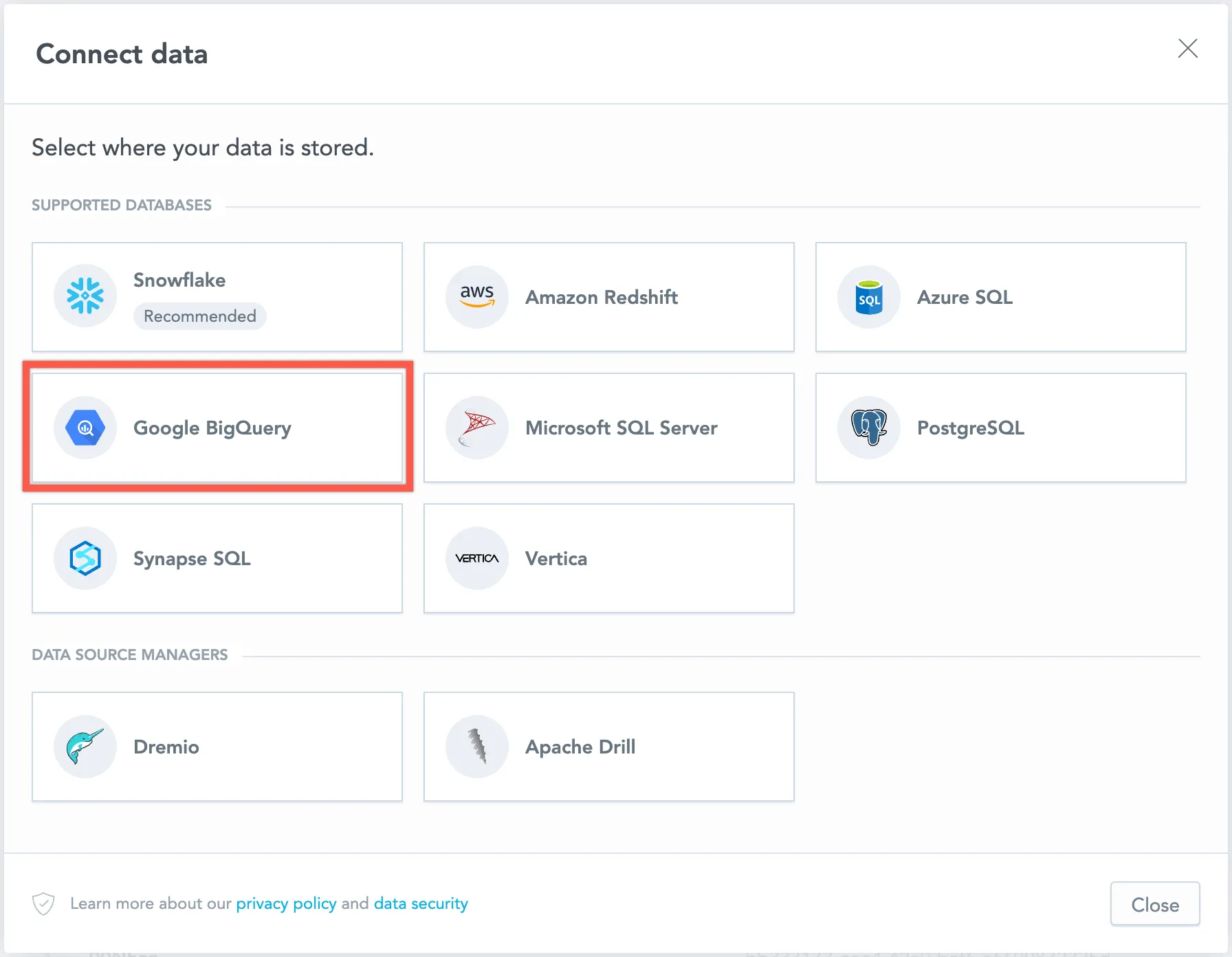 Dialog showing available data source types with the Google BigQuery option highlighted.