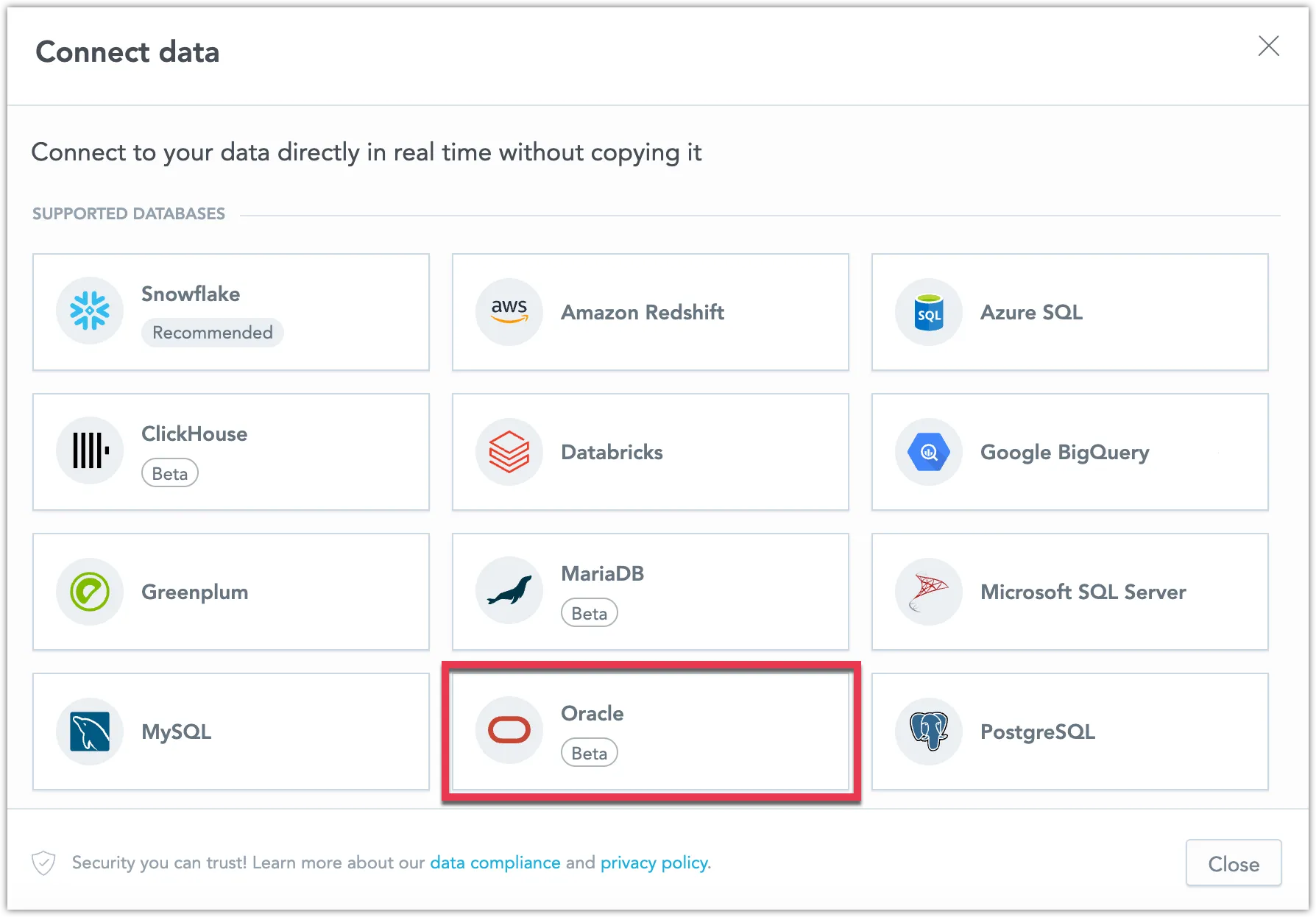 Dialog showing available data source types with the Oracle option highlighted.