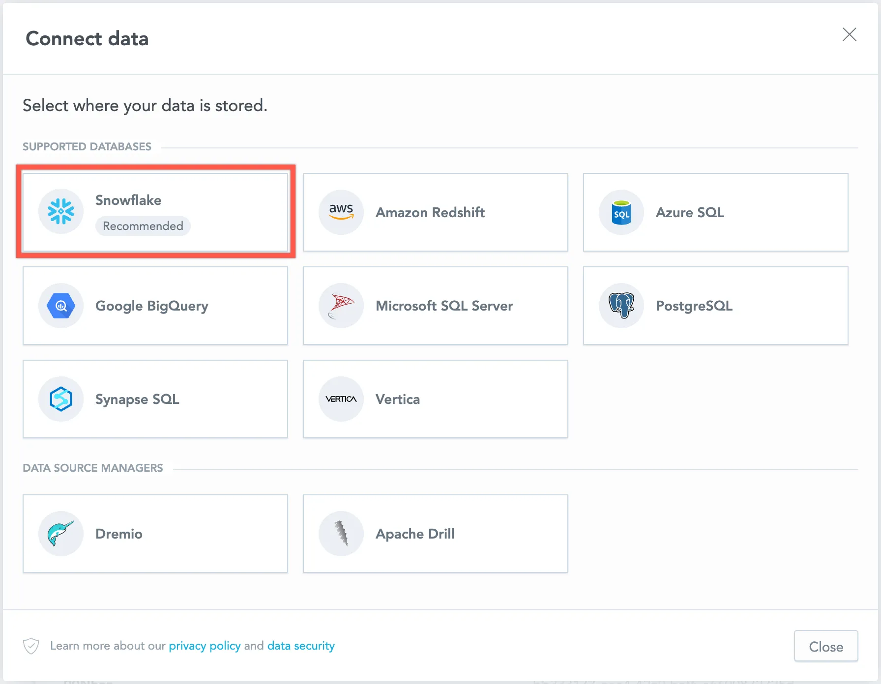 Dialog showing available data source types with the Snowflake option highlighted.