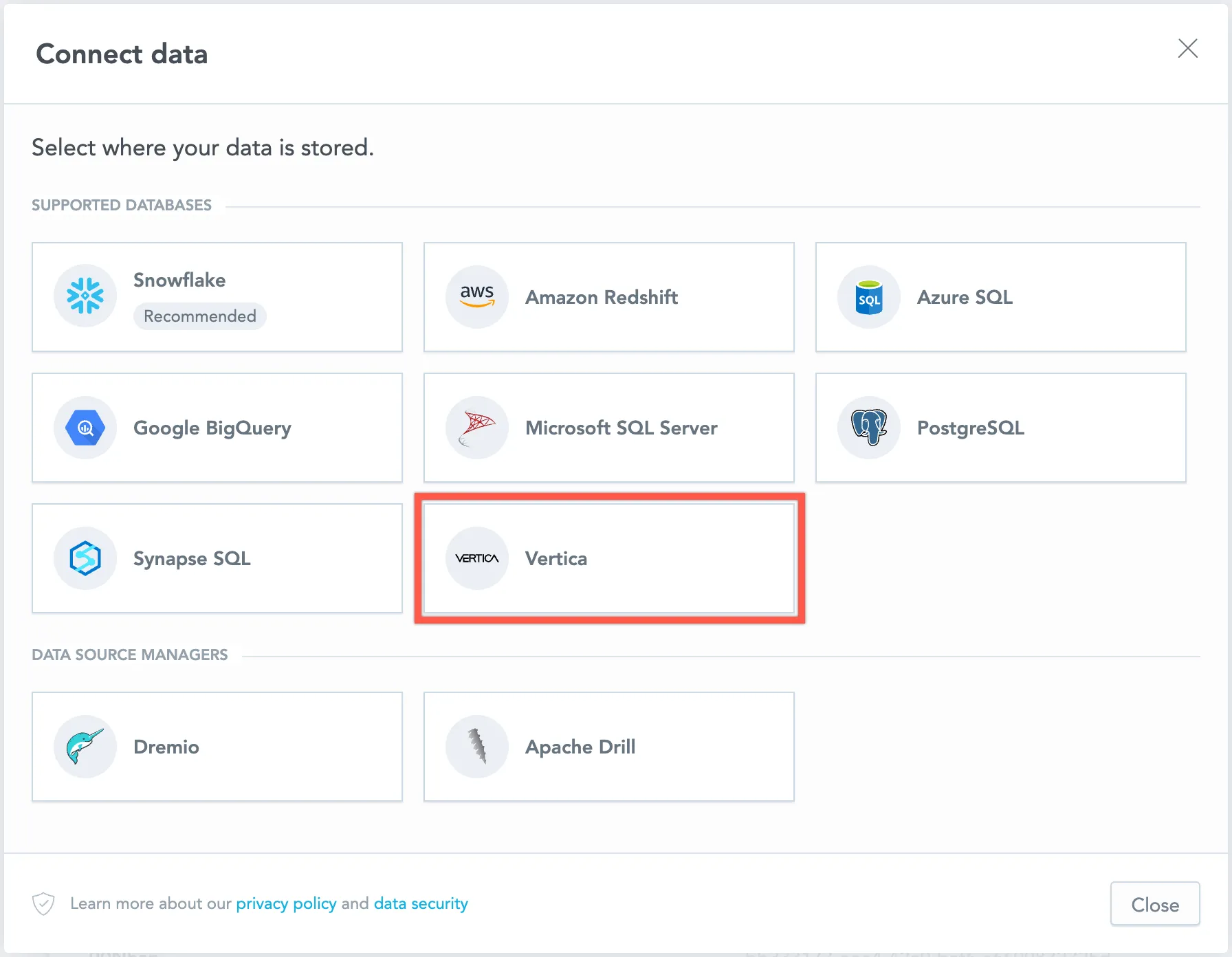 Dialog showing available data source types with the Vertica option highlighted.