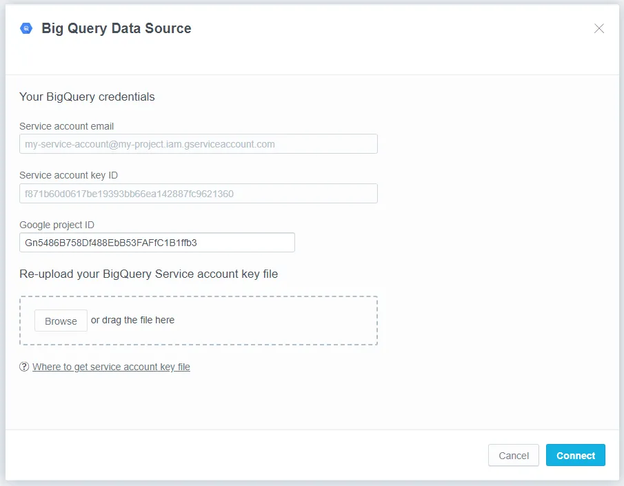 Dialog showing auto-filled BigQuery credentials, including Service Account Email, Service Account Key ID, and Project ID. Below these fields is the option to upload a different service account key file.