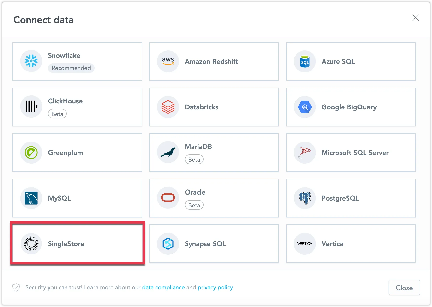 Dialog showing available data source types with the SingleStore option highlighted.