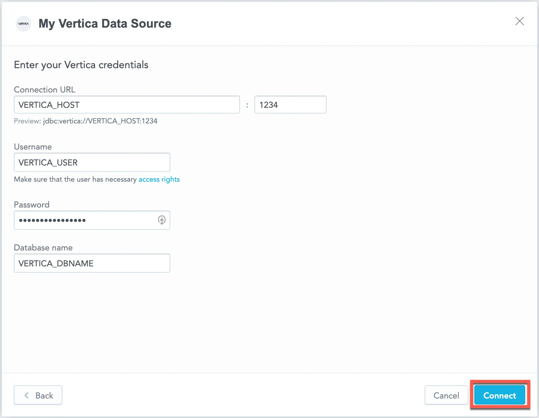 The dialog used to enter credentials for the Vertica data source. Fields include the Data Source Name, Connection URL, Username, Password, and Database Name.