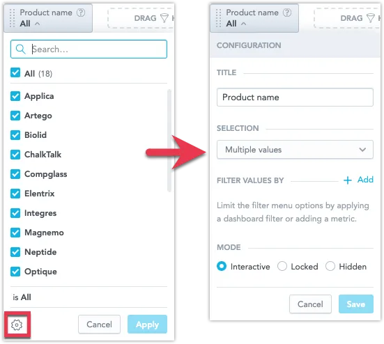 The Attribute Filter dropdown with the cogwheel icon highlighted in the bottom left corner of the dropdown. Clicking it opens the Configuration dialog with editable fields such as title, selection type, and filter mode.