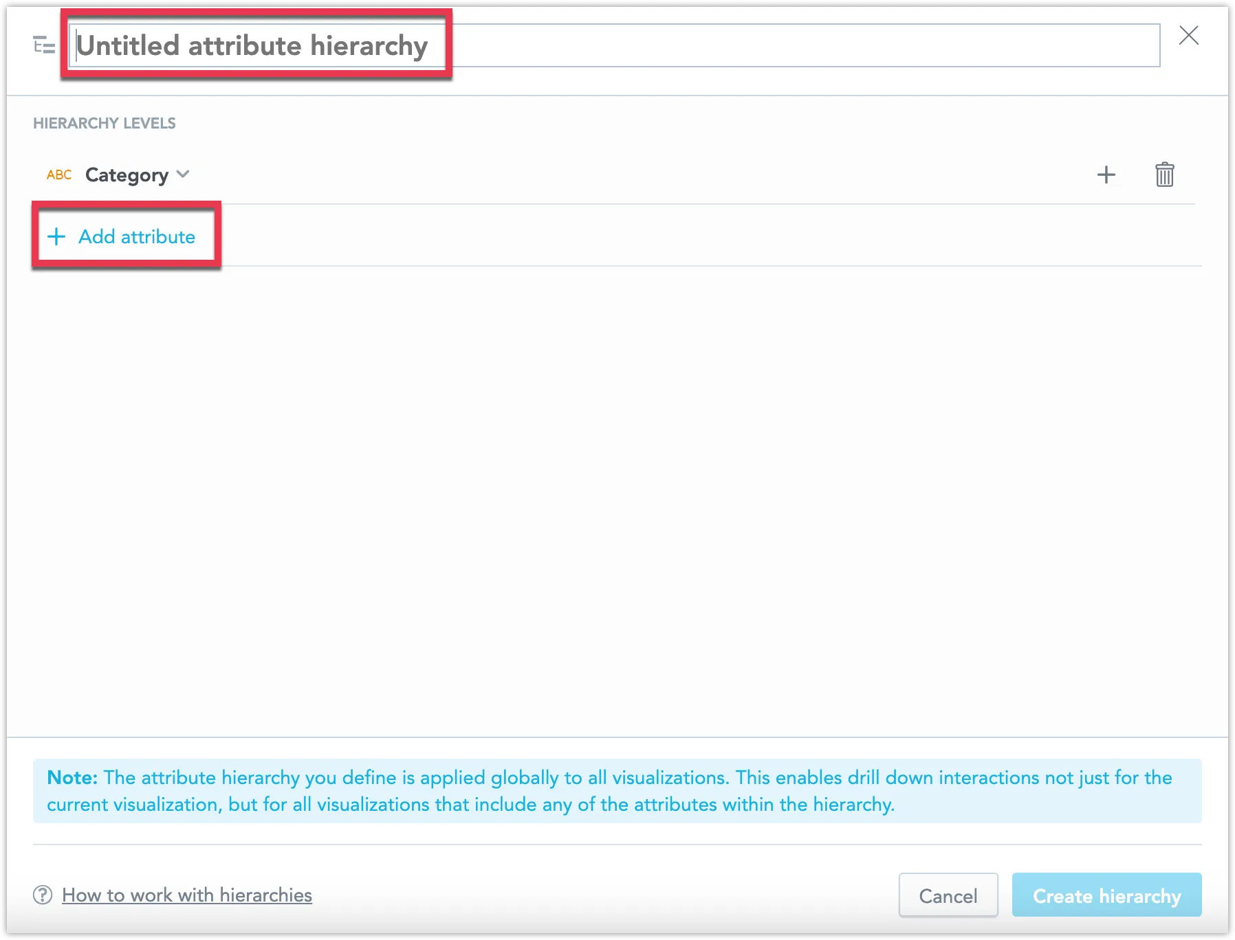 Attribute hierarchy dialog with an untitled hierarchy and the Add attribute option visible.
