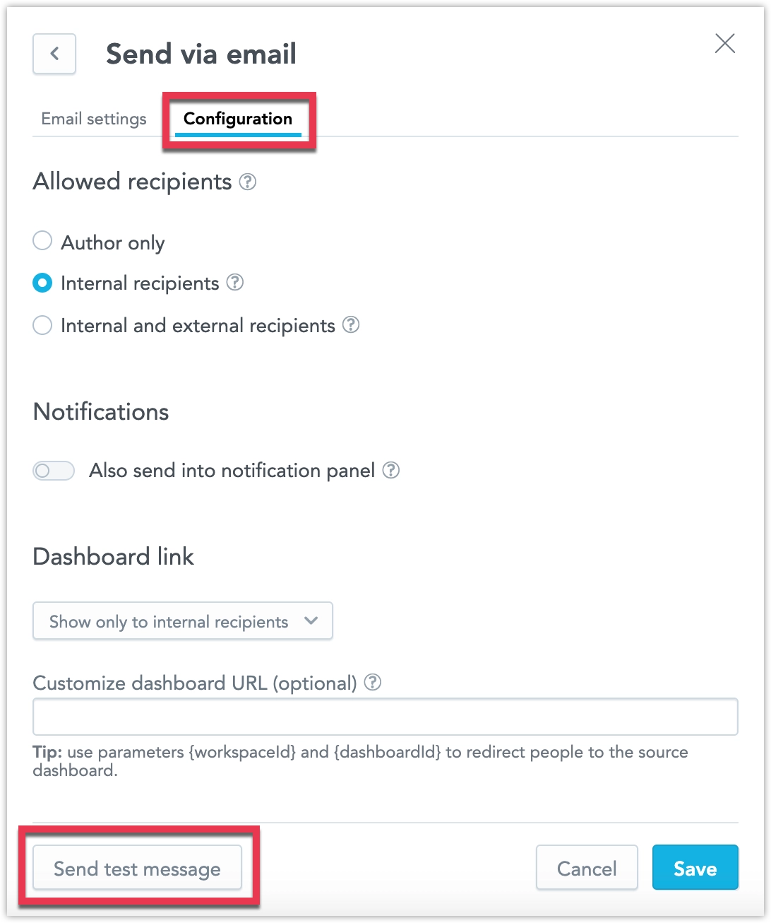 The email destination configuration dialog highlighting the Send test message button in the bottom-left corner.