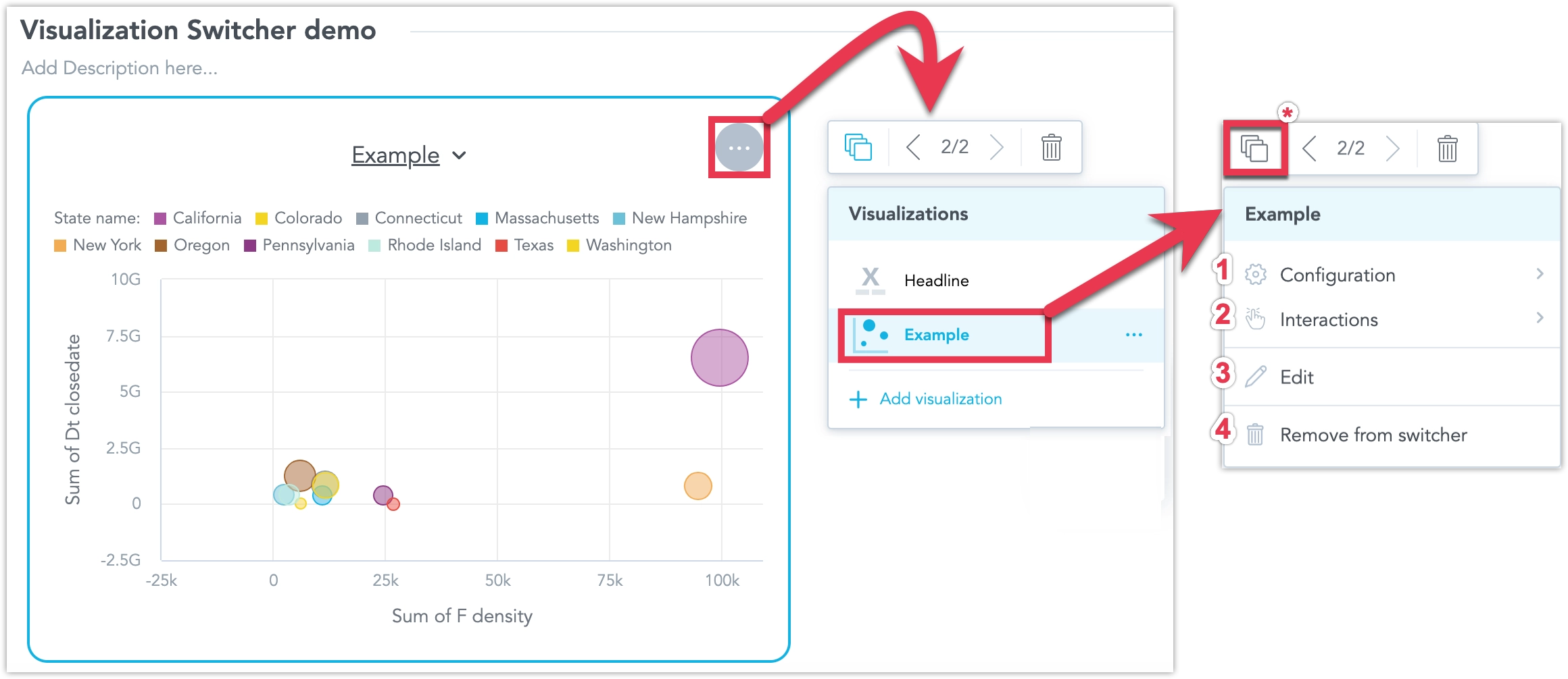 Edit screen for a specific visualization inside the Visualization Switcher, with controls for configuring or deleting it. The Visualizations button is in the top left corner of the edit screen.