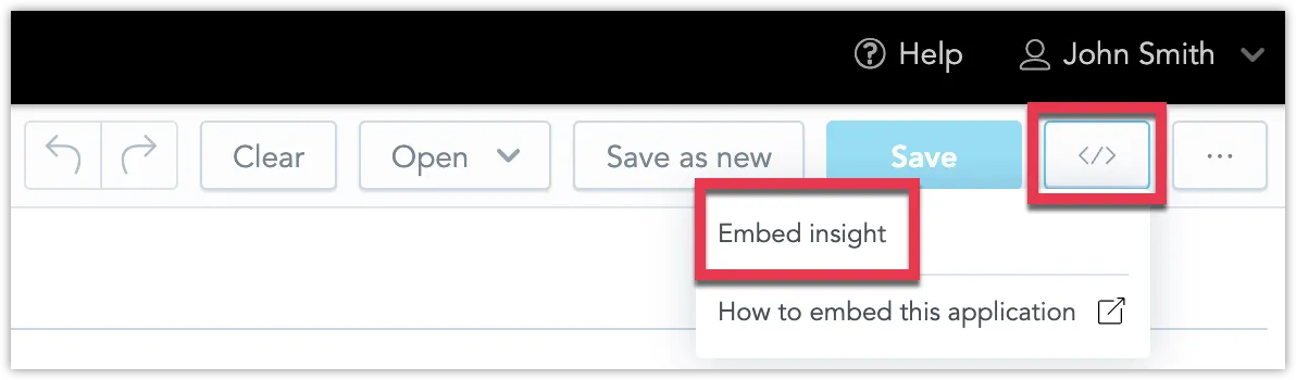 Embedding options button highlighted in the top-right corner of a visualization, labeled with angle bracket symbols.