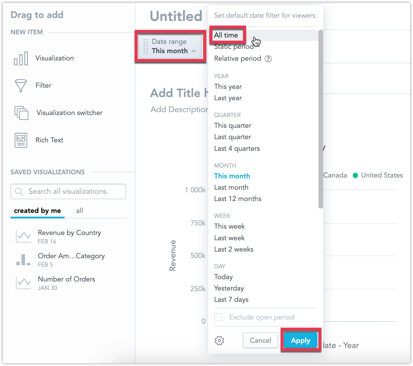 The Date range filter being clicked on and open offering a wide selection of different time intervals to choose from.