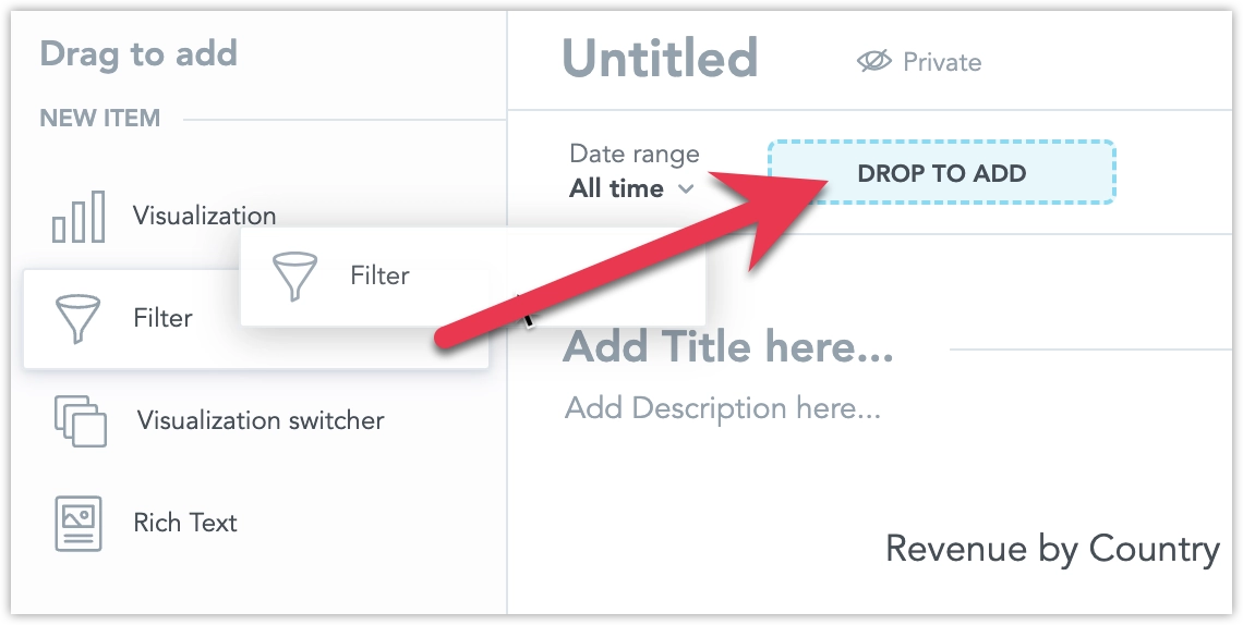 The filter widget being dragged from the left-hand side panel into a filter bucket at the top of the dashboard.