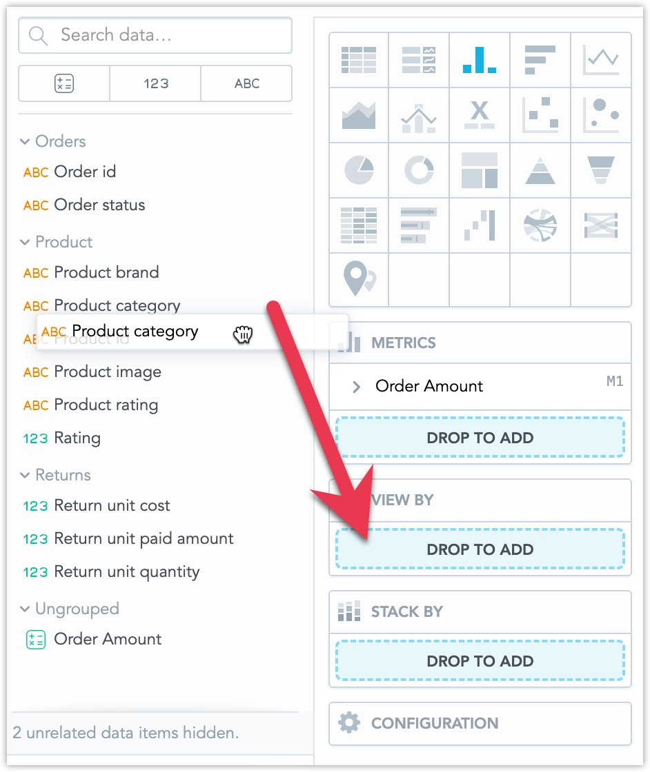 The Product category attribute being dragged into the View by bucket of the bar chart.